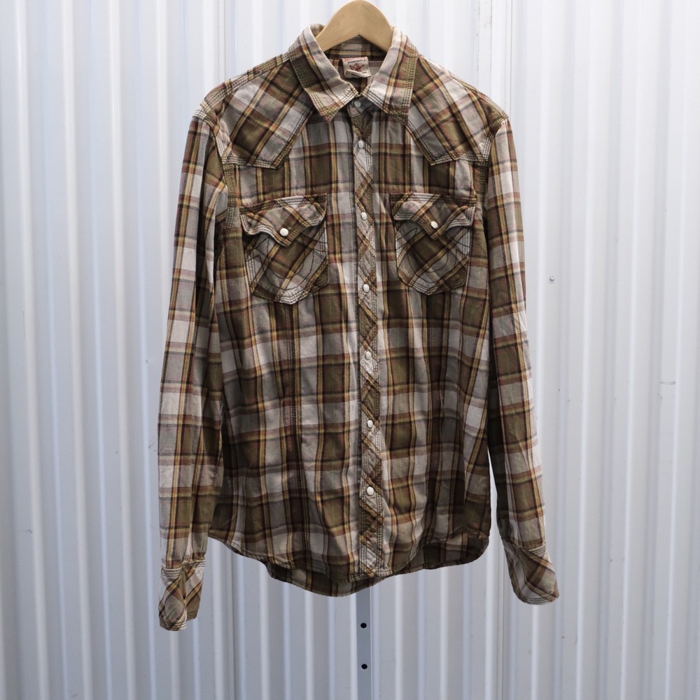 True Religion Western Shirt Mens Large Plaid Good Pearl Snap Horseshoe Pocket